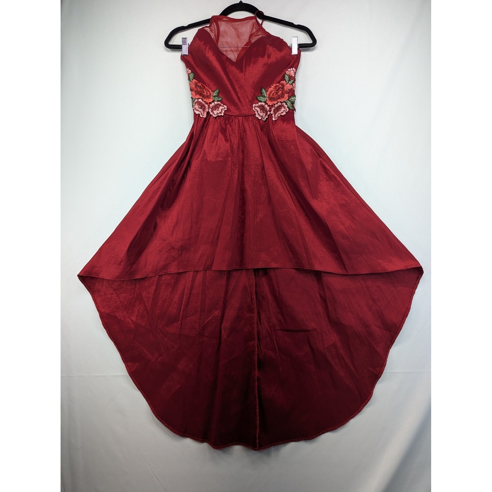 Social Couture Burgundy‎ Red Floral Embroidered High-Low Halter Gown Dress Small